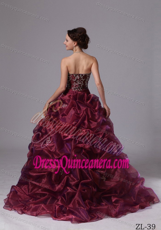 Burgundy Sweep Train Quinceanera Gown Dress with Embroider and Pick-ups