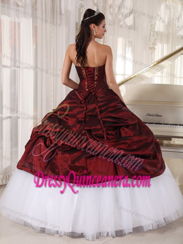 Taffeta and Tulle Appliqued Quinceanera Gown Dress in Burgundy and White