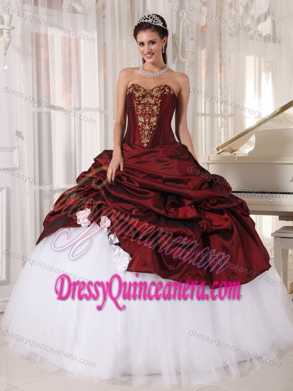 Taffeta and Tulle Appliqued Quinceanera Gown Dress in Burgundy and White