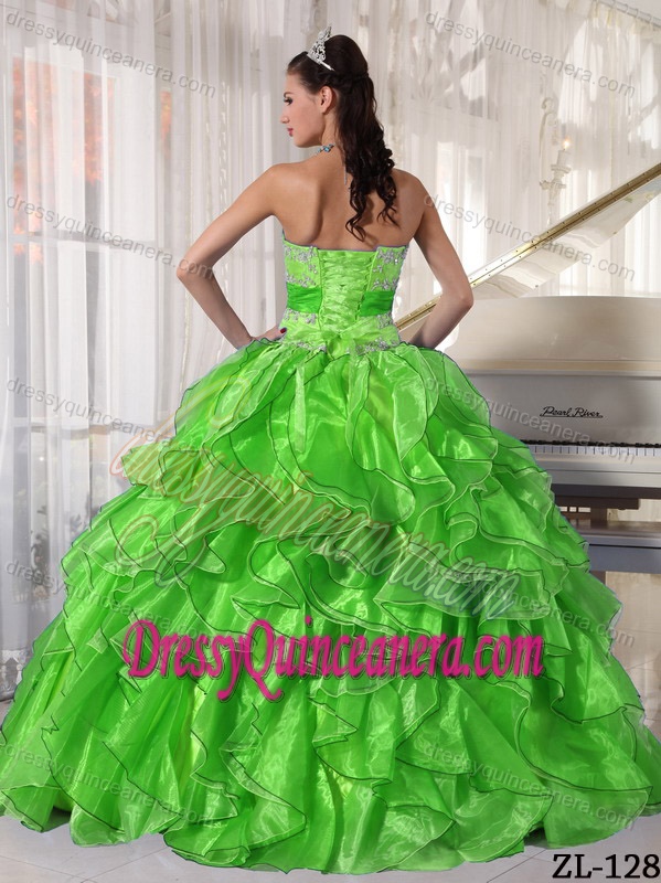 Inexpensive Strapless Organza Quinces Dresses with Appliques and Paillette
