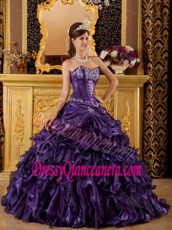 Sweetheart Organza Sweet 15 Dresses with Ruffles and Appliques in Purple