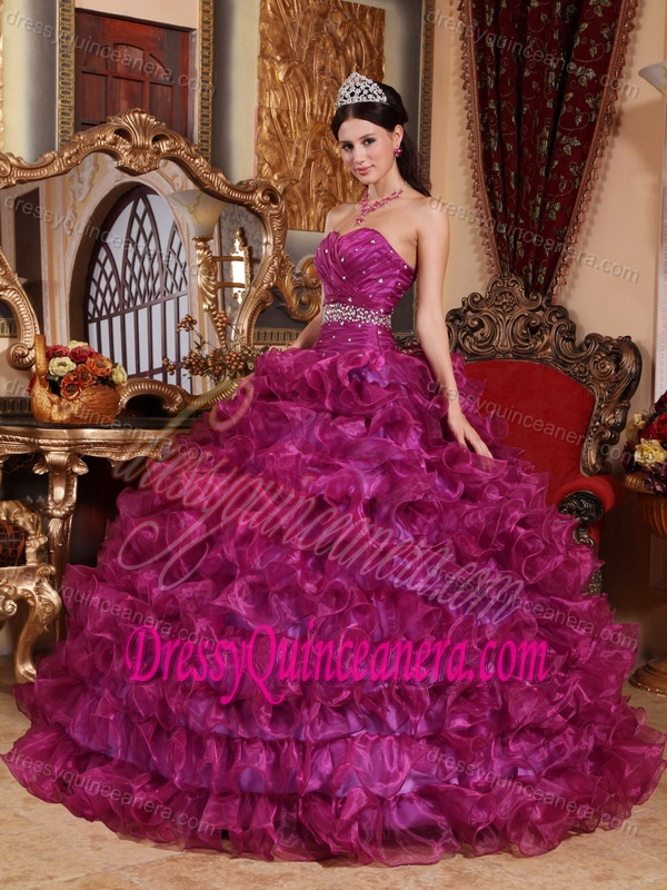 Sweetheart Organza Dresses for Quince with Beading and Ruffles in Purple