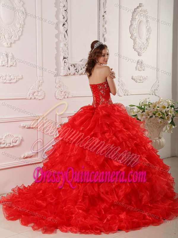 Low Price Red Organza Embroidery Quinceanera Gown Dresses with Ruffles