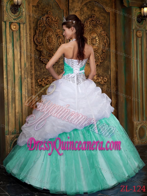 White and Apple Green Halter Quinceanera Dresses with Pick-ups and Sequins