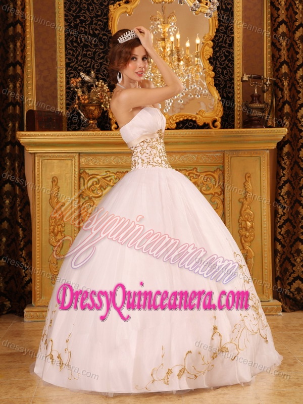 Fitted Strapless Satin and Organza Quinceanera Dress in White with Appliques