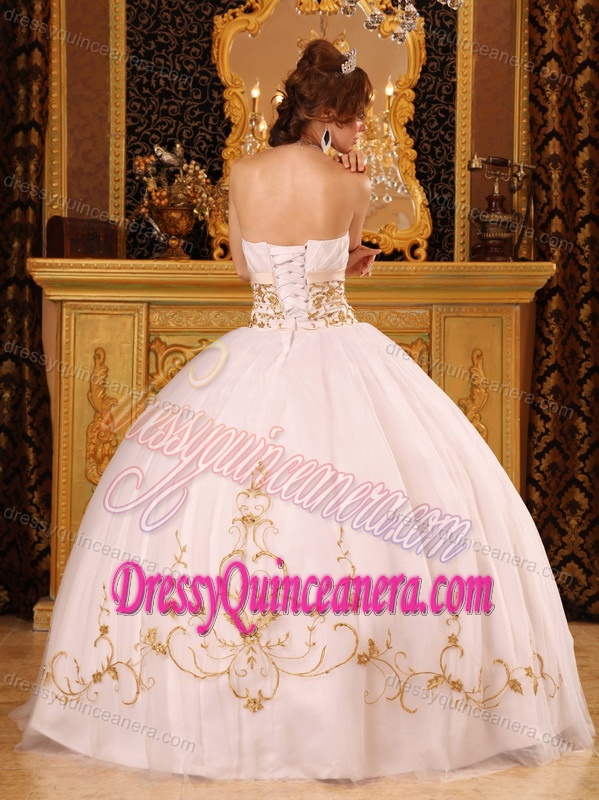 Fitted Strapless Satin and Organza Quinceanera Dress in White with Appliques