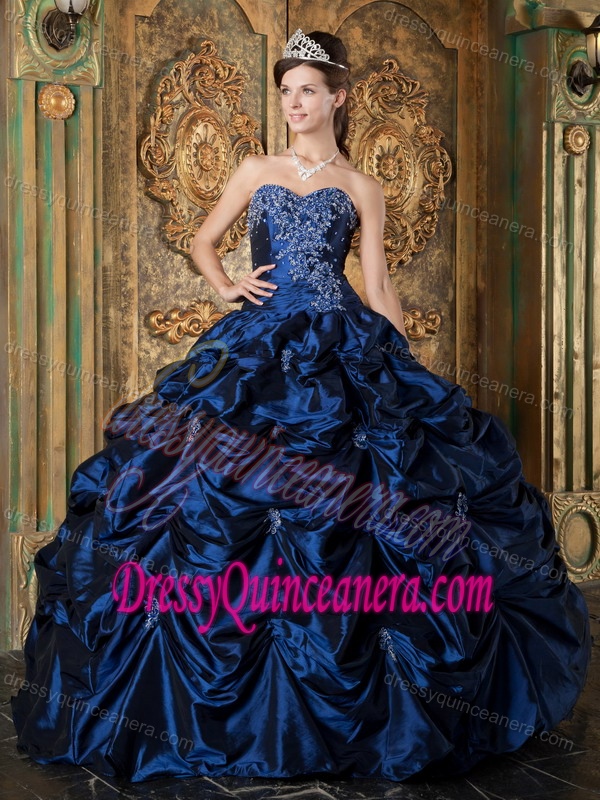 Navy Blue Sweetheart Taffeta Sweet 16 Dresses with Picks-up and Appliques