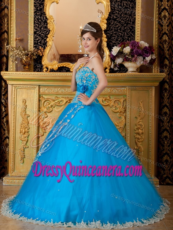 Teal Strapless Tulle Quinceanera Dresses with Appliques and Handle Flowers