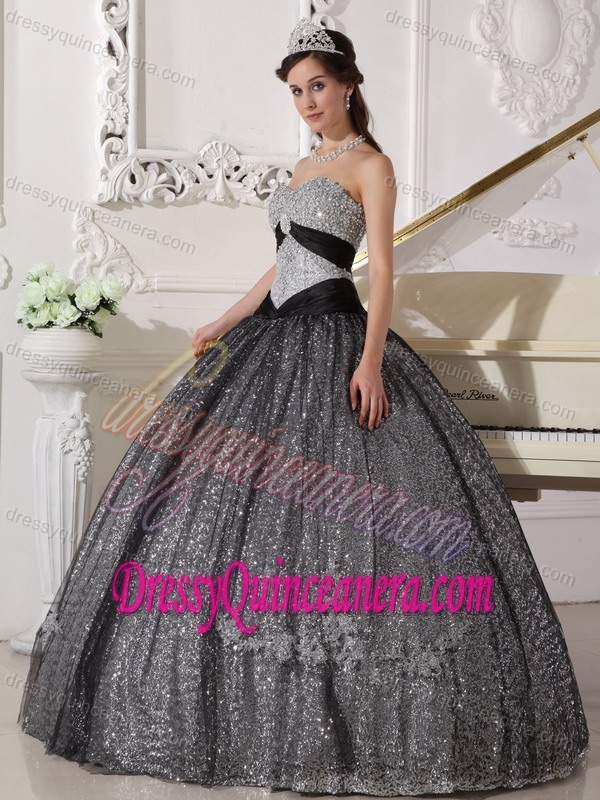 Black Sweetheart Sequined and Tulle Appliqued Quinceanera Gown Dresses