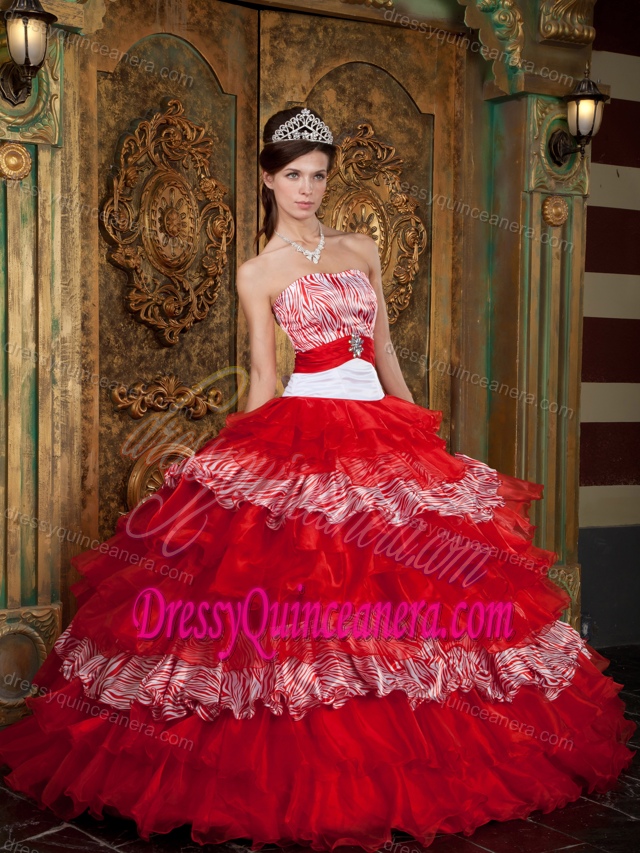 Red Strapless Floor-length Ruffled Quinceanera Dresses in Organza and Zebra