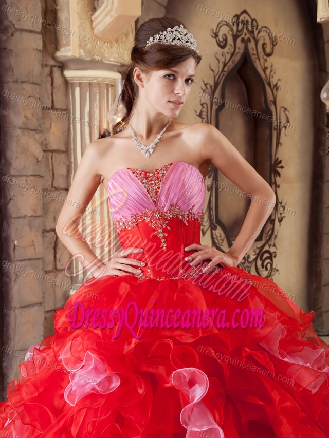 Red Ball Gown Strapless Affordable Ruffled Quince Dresses in Organza
