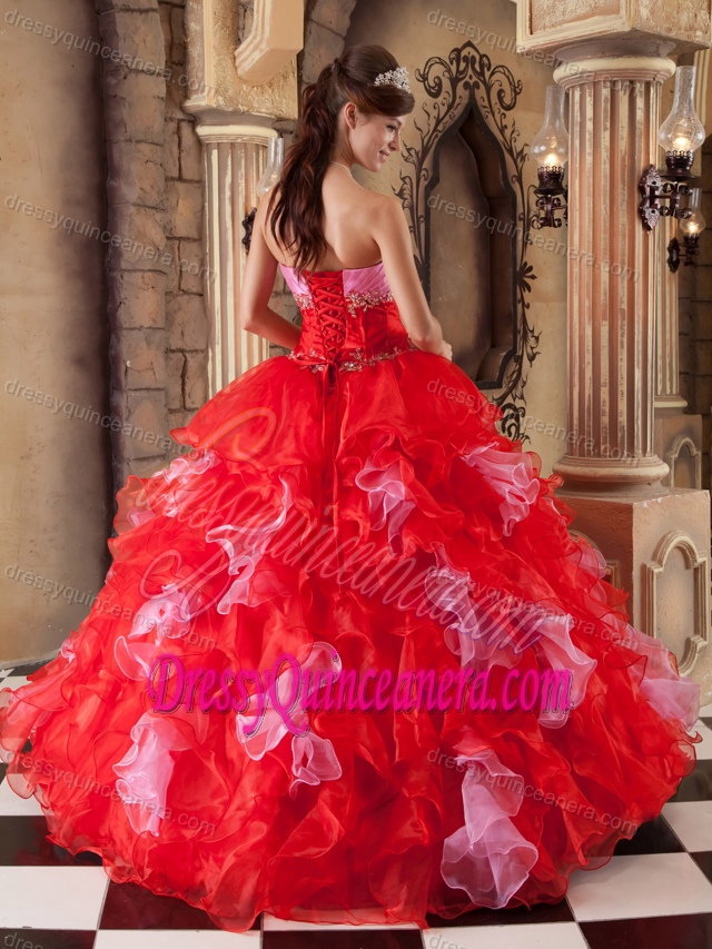 Red Ball Gown Strapless Affordable Ruffled Quince Dresses in Organza