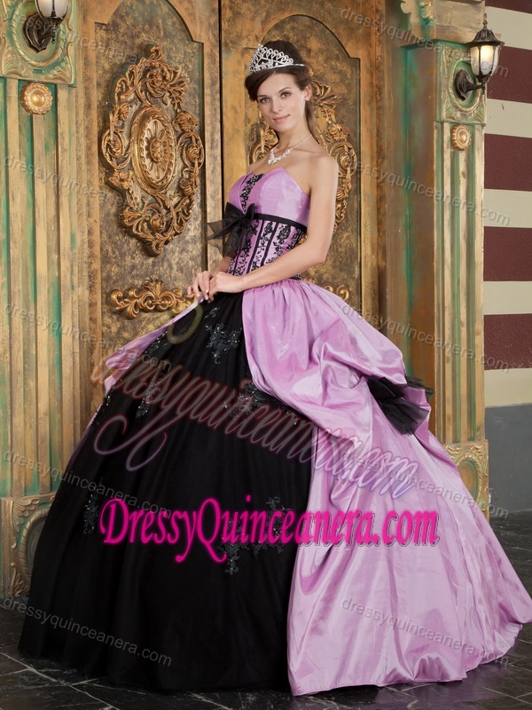 Lavender and Black Lovely Strapless Quinces Dresses with Appliques