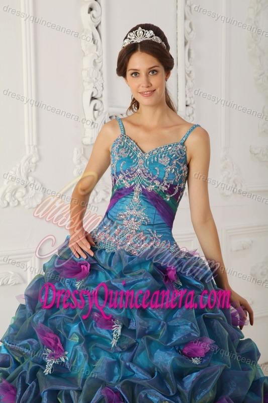 Straps Chapel Train Cheap Teal Ball Gown Sweet 16 Dresses in Organza