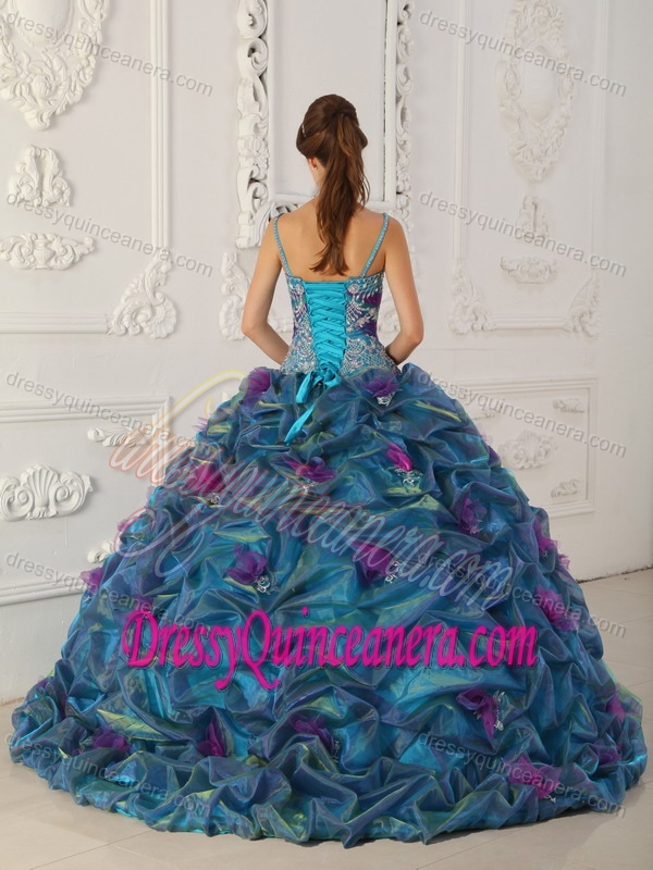 Straps Chapel Train Cheap Teal Ball Gown Sweet 16 Dresses in Organza