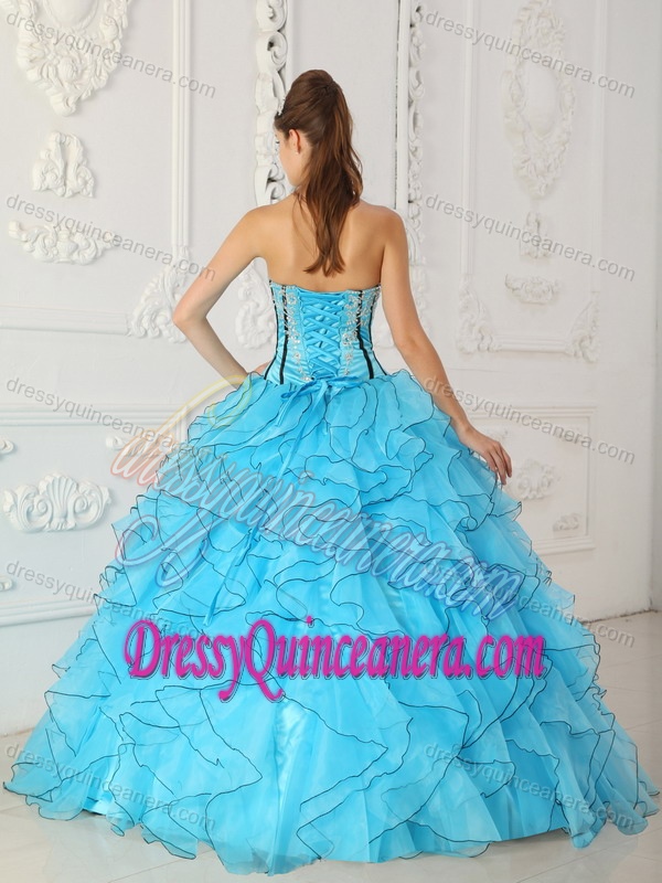 Low Price Baby Blue Ball Gown Strapless Quince Dresses in Organza