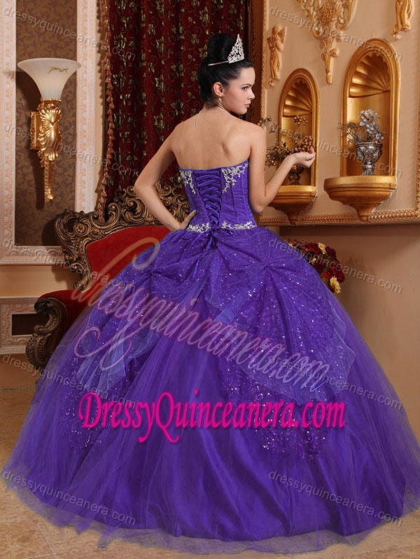 Eggplant Purple Ball Gown Affordable Appliqued Tulle Sweet 15 Dress