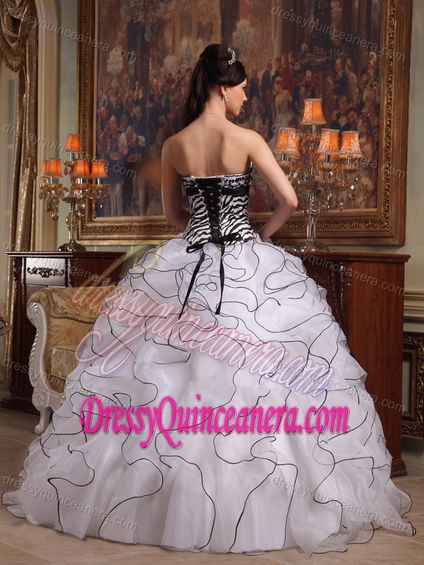 Strapless White Discount Ruffled Sweet 16 Dress in Organza and Zebra