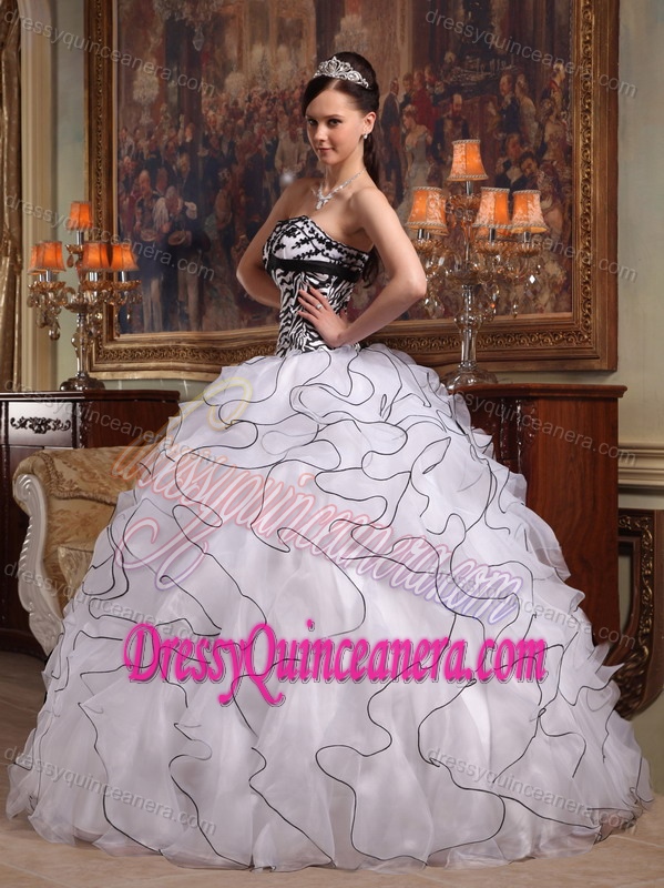 Strapless White Discount Ruffled Sweet 16 Dress in Organza and Zebra