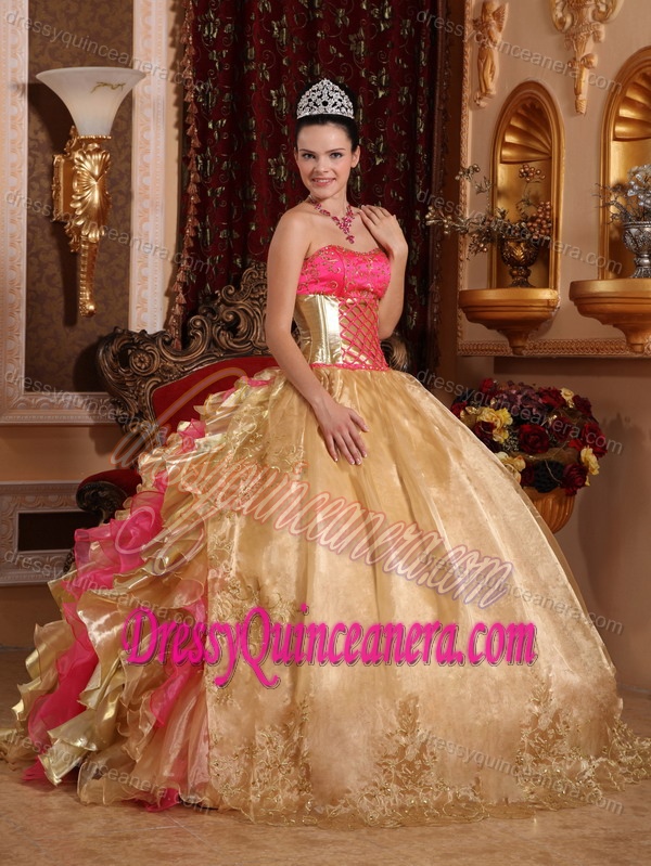 Wholesale Price Strapless Organza Sweet 16 Dress in Gold and Hot Pink
