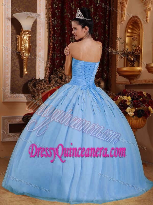 Sweet Light Blue Ball Gown Sweetheart Quince Dresses with Beading
