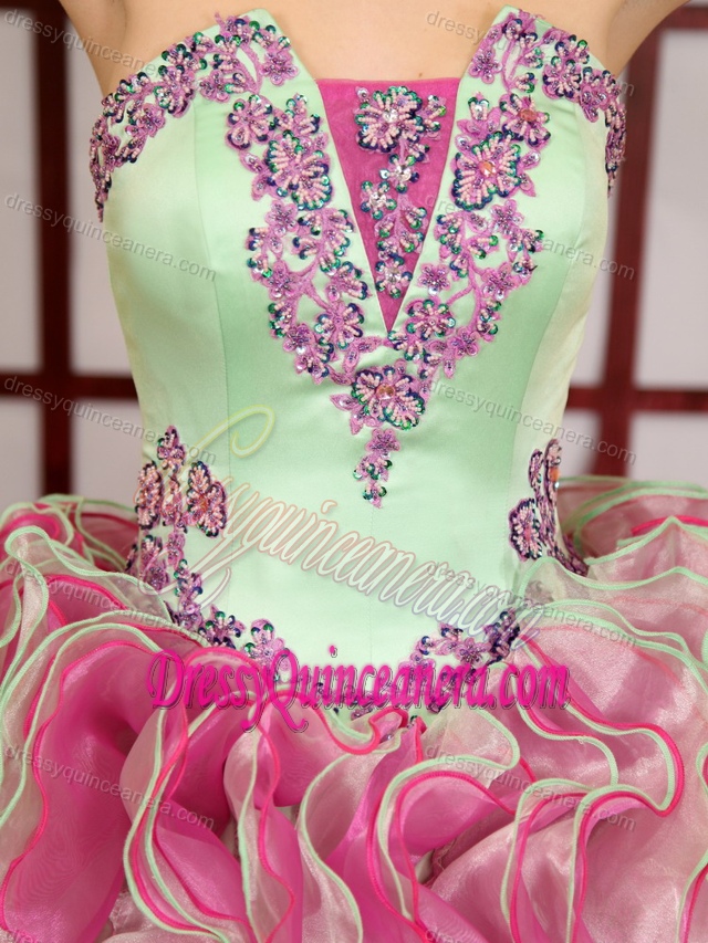Low Price Brush Train Ruffled Quince Dresses in Green and Rose Pink