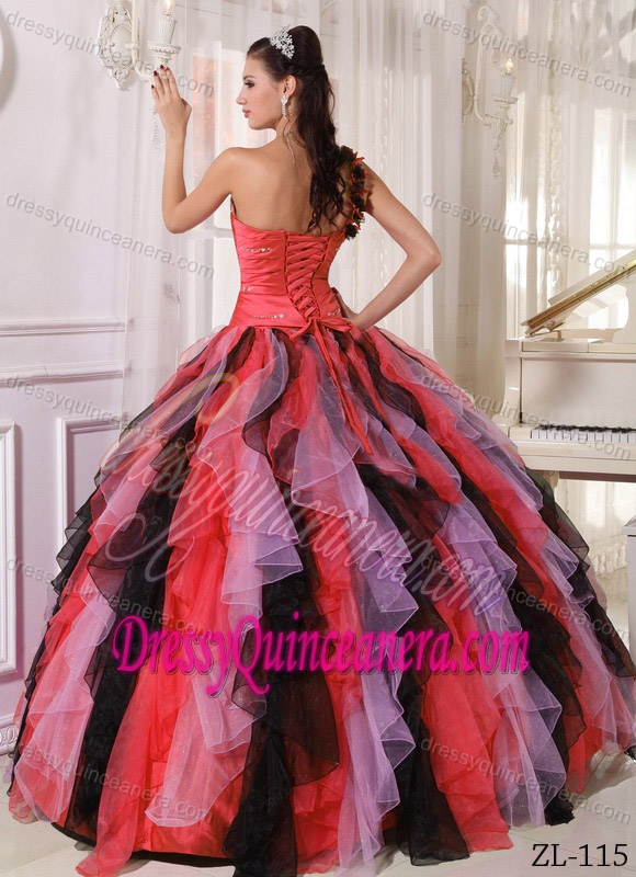 Multicolor One Shoulder Organza Beaded Quinceanera Dresses with Ruffles
