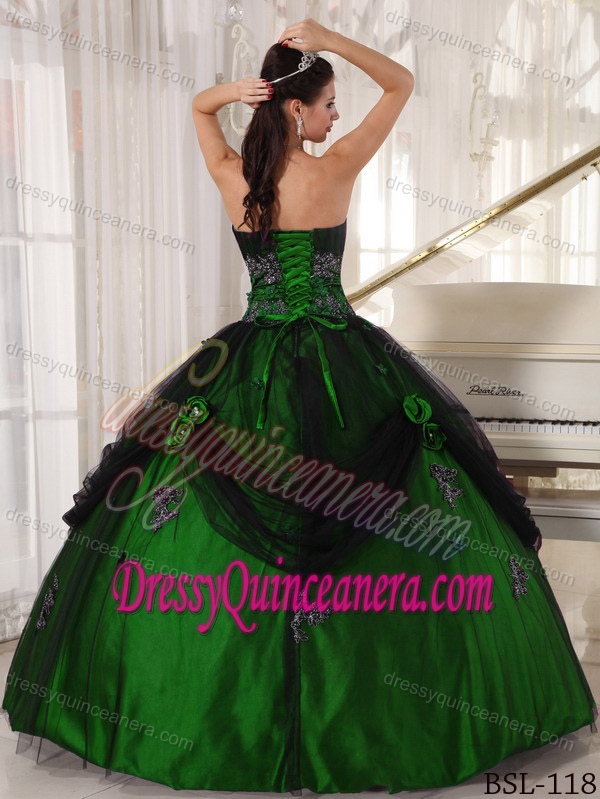Green Strapless Tulle and Taffeta Beaded Quinceanera Dress with Appliques