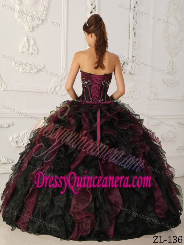 Burgundy and Black Taffeta and Organza Beaded Quinceanera Dress on Sale