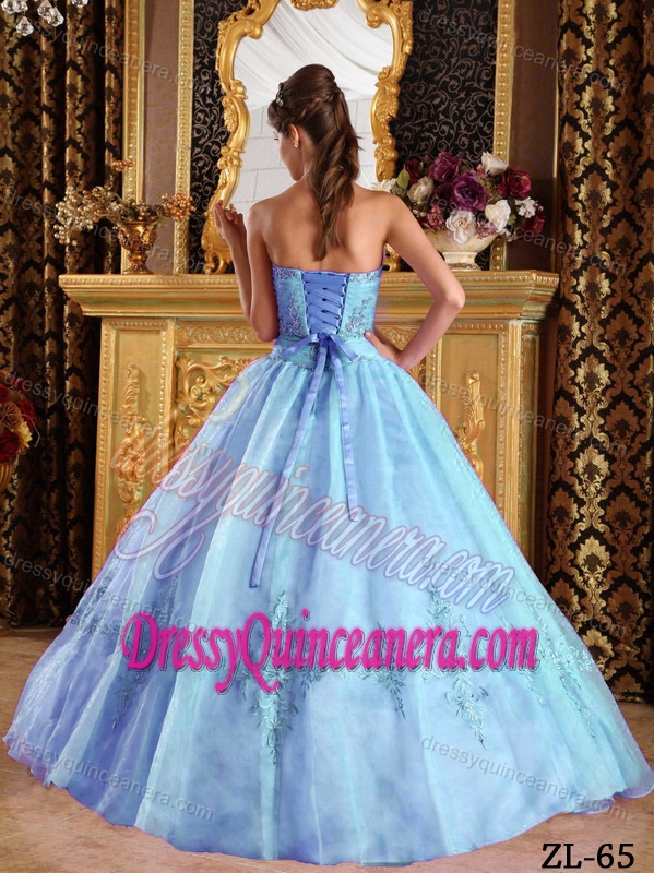 New Baby Blue Strapless Tulle Quinceanera Dress with Appliques Decorated