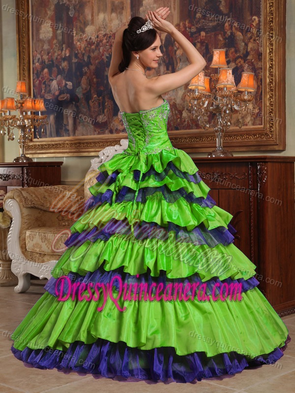 Spring Green Sweetheart Taffeta and Organza Beaded Quinceanera Dresses