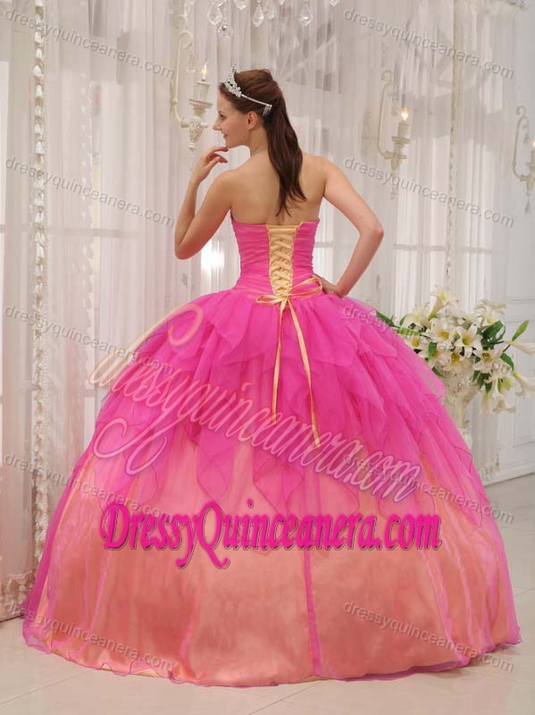 Hot Pink Strapless Organza Beaded and Ruched Sweet 16 Quinceanera Dress