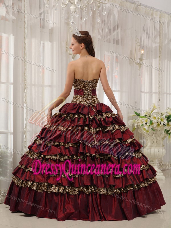 Cheap Wine Red and Leopard Ball Gown Quinceanera Dress with Layers and Appliques