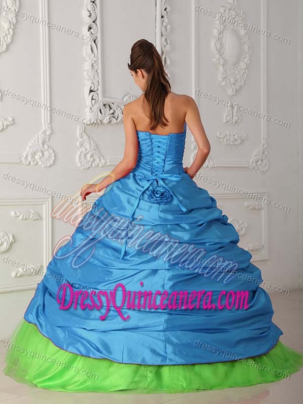 New Blue Taffeta and Green Organza Sweetheart Ruched Sweet 16 Dress with Appliques