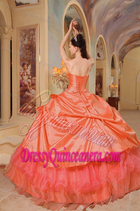 Ruched Appliqued Sweetheart Orange Quinceanera Dresses with Pick-ups and Flowers