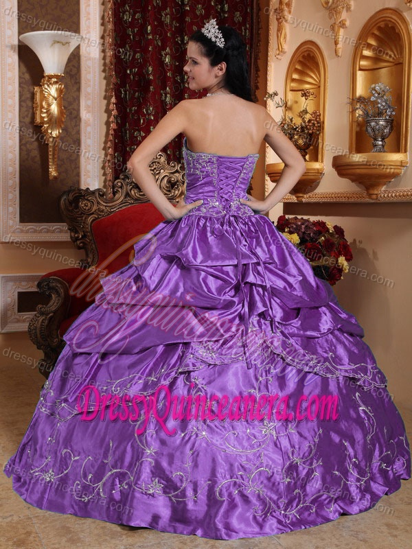 Purple Strapless Taffeta Quinceanera Dress with Embroidery and Pick-ups for Cheap
