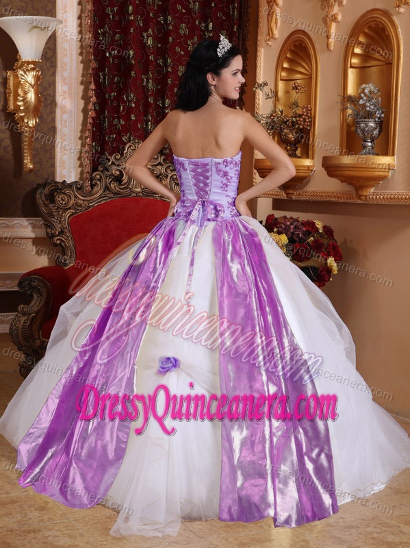 Strapless White and Lavender Ball Gown Quinceanera Dress with Appliques and Flower
