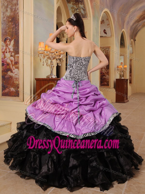 Nice Strapless Lavender and Black Ruffled Quinceanera Dress with Pick-ups and Zebra