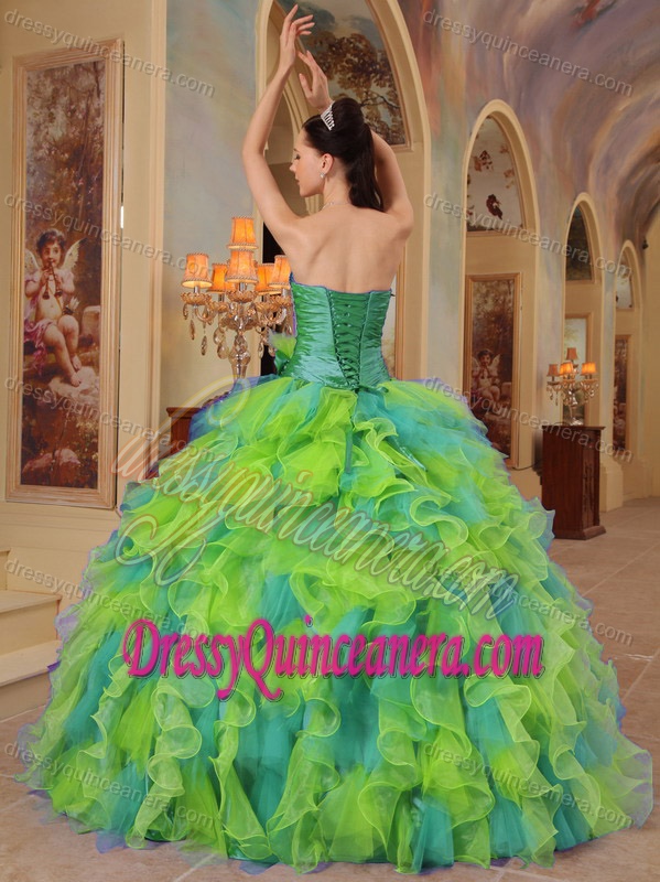 Multi-colored Sweetheart Organza Beaded Quinceanera Dress with Ruffles and Flower