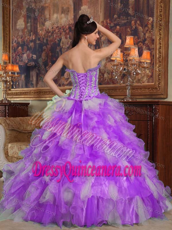2014 Flounced Strapless Lavender and White Appliqued Dress for Quince with Ruffles