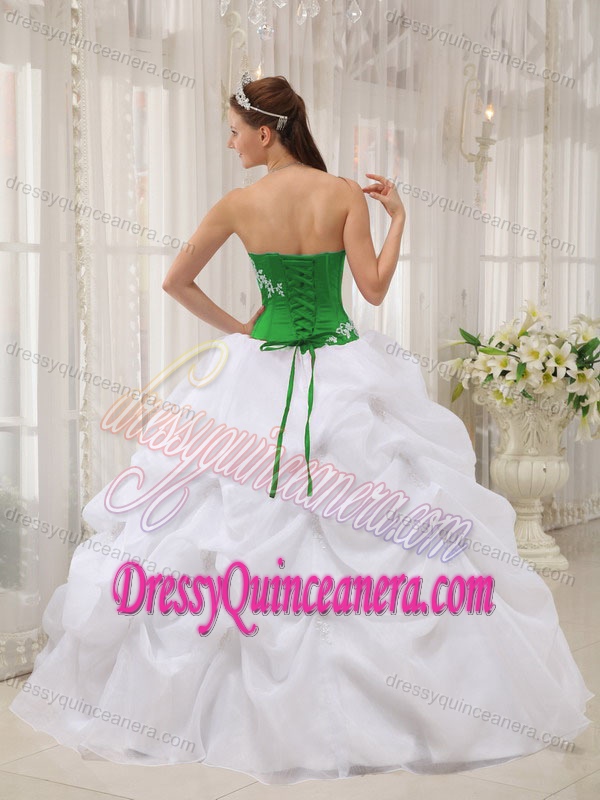 Green Taffeta and White Organza Strapless Quinceanera Dress with Appliques for Less