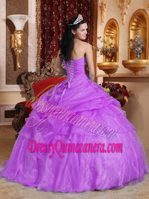 Brand New Strapless Lavender Organza Quinceanera Dress with Pick-ups and Beading