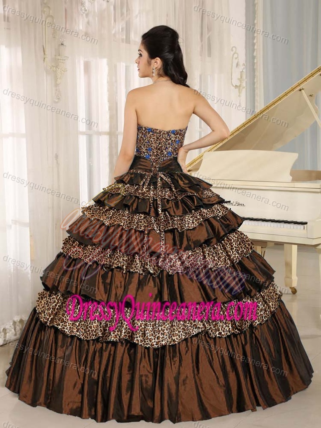 Custom Made Strapless Brown and Leopard Layered Quinceanera Dress with Appliques