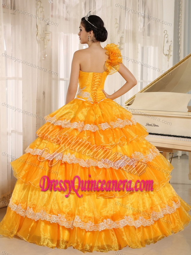 Bright Yellow One-shoulder Layered Quinceanera Dresses with Appliques and Flowers