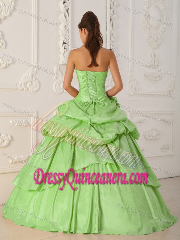 2013 Spring Green A-line Strapless Beaded Dresses for Quince in Taffeta