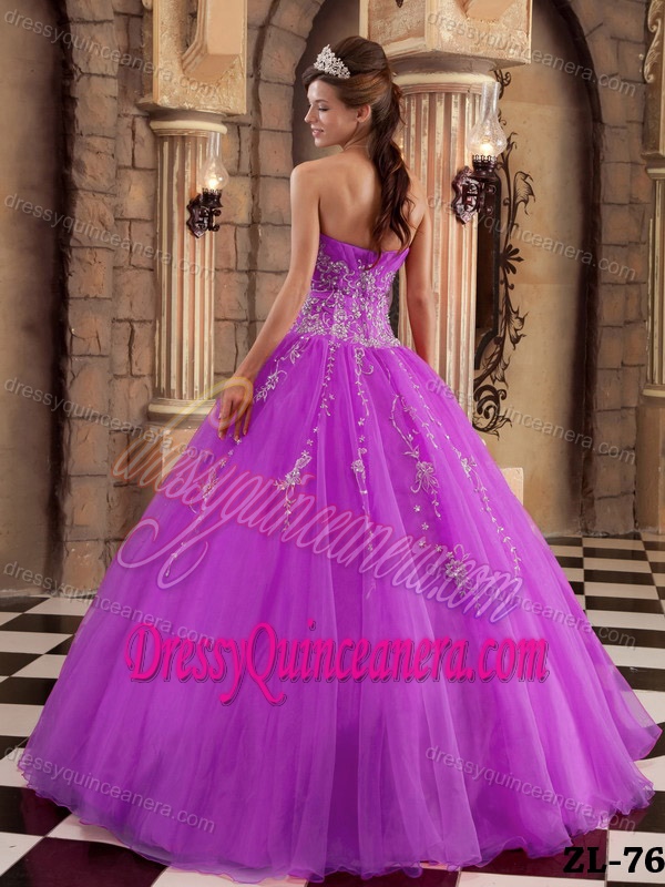 Lavender Strapless Ruched Organza Quinceanera Dress with Appliques on Promotion