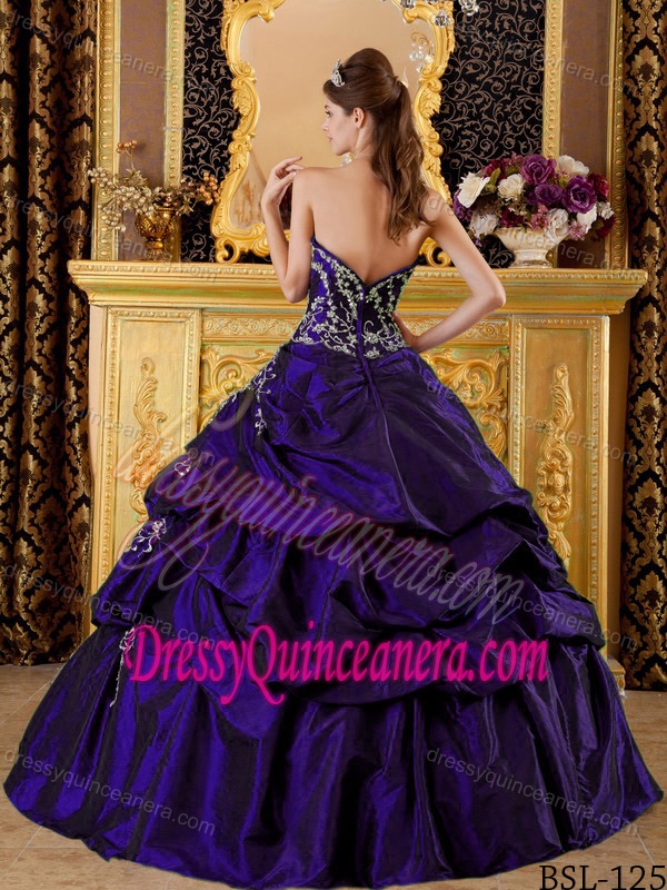 Best Strapless Dark Purple Taffeta Appliqued Quinceanera Gown Dress with Pick-ups