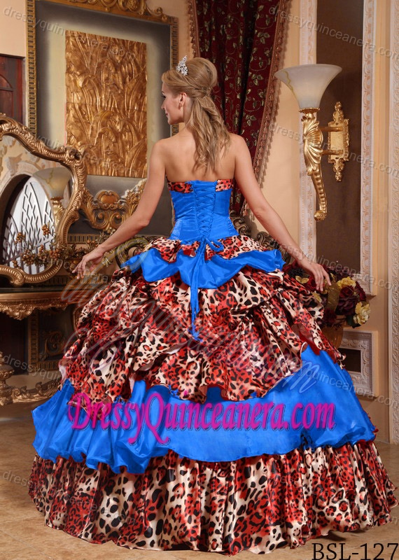 Most Popular Sky Blue and Leopard Strapless Quinceanera Gown Dress with Pick-ups