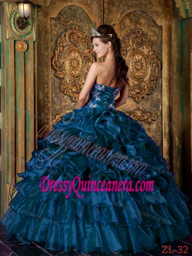 Navy Blue Sweetheart Organza Quinceanera Dress with Appliques and Ruffles on Sale