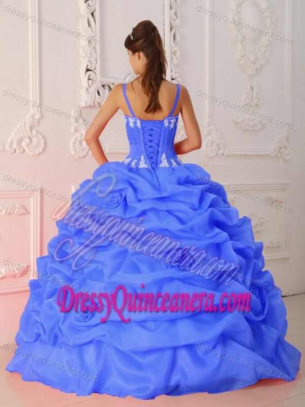 Chic Straps Ball Gown Blue Appliqued Quinceanera Dress with Pick-ups and Flower